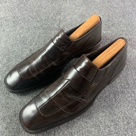 HUGO BOSS Men Leather Made In Italy Slip On Moc Loafers Dress Shoes Size 9 Brown